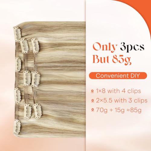 Image of Sunny Hair Clip in Hair Extensions Real Human Hair Blonde Highlighted | 22 Inch Clip in Remy Hair Extensions Blonde Highlights with Easy Install Comfort Wear for Concert 85g