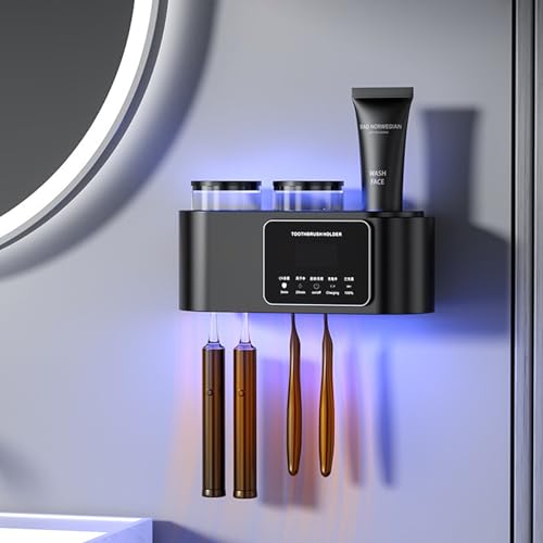 Wall Mounted Toothbrush Holder, Solar Powered Toothbrush Holder with 2 Cups, Toothbrush Stand with Air Drying, Multi-Functional Toothbrush Holder with 4 Toothbrush Slot by Wekity - Used condition - CA$11.59