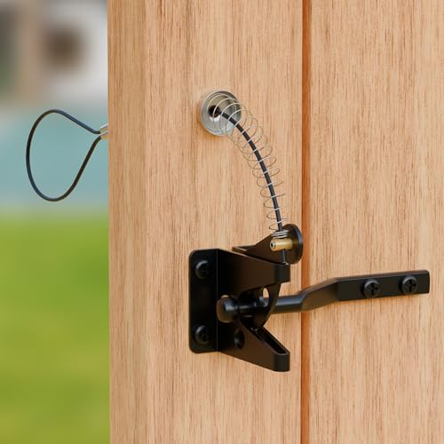 YONSIN Self Locking Fence Gate Latch with Spring Cable Pull Heavy Duty Gate Latch Hardware for Wooden Vinyl Fence Gate Post Mounted Gate Latch with Steel Wire Rope for Double-Sided Opening