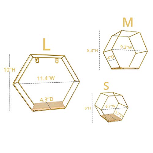 Wall Mounted Floating Hexagon Shelves, Metal Framed Gold Shelves With Wood Based In Modern Chic Style, For Wall Storage & Display In Living Room Or Bedroom, Set Of 3 Size (Large, Medium & Small) #TOP2