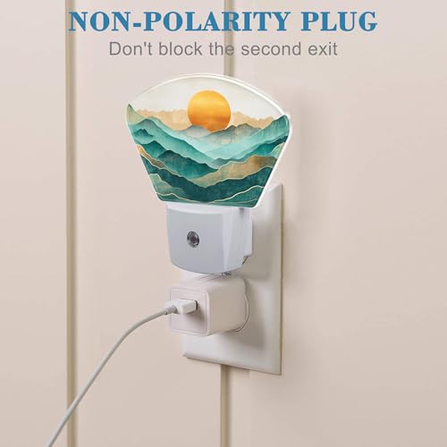 Image of Abstract Golden Sun Plug in Night Lights, Green Mountains Nightlight Plug Into Wall Dusk to Dawn Sensor for Kid Girls Boys Women Men Room, Hallway, Kitchen, Bathroom, Stairs Decor