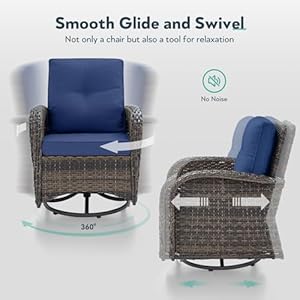 Outdoor Swivel Glider Rocker Chairs 3 Piece Patio Furniture Set Patio Bistro Sets with Tempered Glass Side Table for Balcony Porch Brown Wicker Blue Cushion