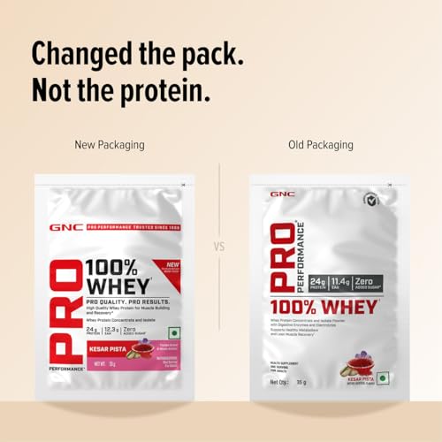 Image of GNC Pro Performance 100% Whey Protein | New Formulation | 24g Protein, 5.7g BCAAs, 12.3g EAAs | Added DigeZyme | Whey Isolate & Concentrate Blend, Low Carb (4.51g), No Added Sugar | Kesar Pista, 35g