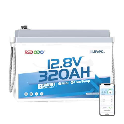 Redodo 12.8V 320Ah Mini LiFePO4 Lithium Battery 15000+ Deep Cycles IP65 for RV Boondocking & Off-Grid w/Bluetooth & Low-Temp Cutoff