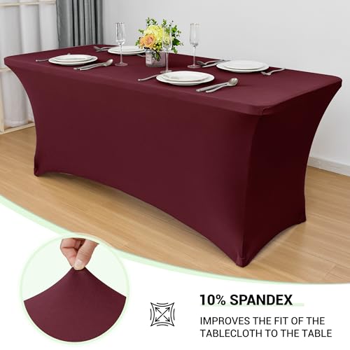 Image of Obstal 8Ft Stretch Spandex Table Cover for Standard Folding Tables - 2 Pack Universal Rectangular Fitted Tablecloth for Party, Banquet, Events, Trade Show (Wine Red, 96L x 30W x 30H Inches)