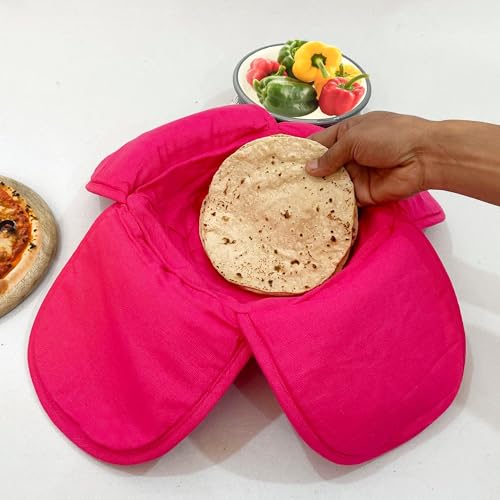 Image of Swayam 100% Cotton Cloth Roti Casserole | Hot Chapati Box | Washable Bread Basket | 22 cm Round Roti Basket | Floral Design - Pink Fuchsia