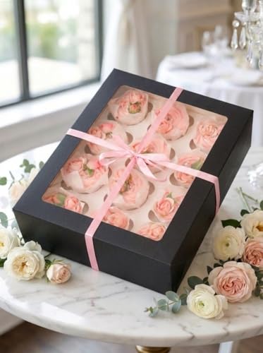Image of Bakepacker Auto-pop up 12 Cupcake Containers 6-Packs Black Cupcakes Carrier, 12 Cupcake Boxes with Window 13 inchx10 inchx3.5 inch
