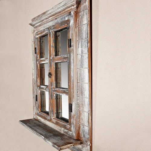 Melko lustro ścienne z okiennicami, 64 x 54 cm, Shabby Chic, okno z lustrem i półką, może być używane jako ramka na zdjęcia 13 x 13 cm