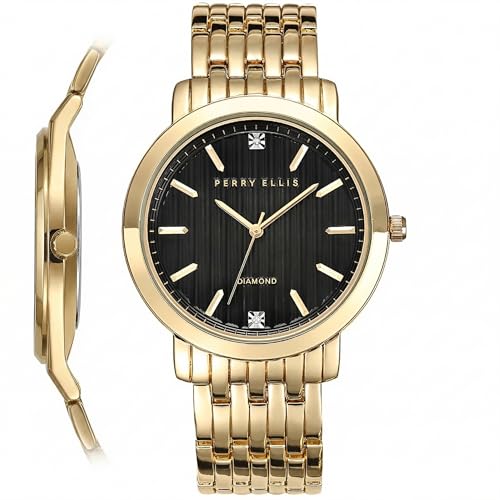 Montre homme slim Perry Ellis pour éviter les rayures avec cadran noir étanche or