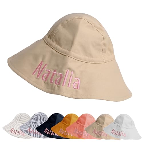 Tivhelrf Chapeau de plage brodé personnalisé pour bébé avec nom, chapeau de plage à large bord, UPF 50+ SML, Beige, Large