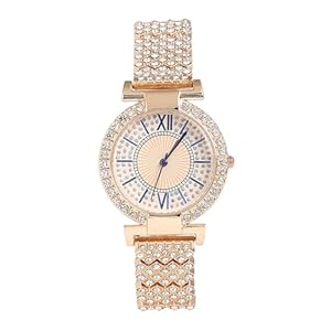 SWADESI STUFF Ladies Crystal-Studded Watch, Rose Gold Metal Band, 30mm Round Case, Roman Numerals for Women & Girls 9 41tHichdvqL. SL500 . SS300
