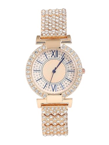 SWADESI STUFF Ladies Crystal-Studded Watch, Rose Gold Metal Band, 30mm Round Case, Roman Numerals for Women & Girls 1 41tHichdvqL. SL500