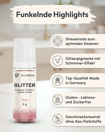 GoodBake Essbarer Glitzer Rosa 6g | zuckerfrei & geschmacksneutral | Glitzer für Getränke, Cocktails, Torten mit Lebensmittelfarbe Pulver | Made in DE | Edible Glitter | Glitzerpulver essbar
