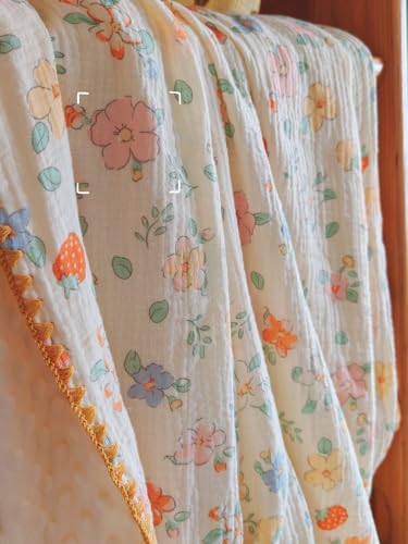 Image of Baby Swaddel Blanket Cotton Muslin Thick Crib Bedding Dotted Backing Double Layer Receiving Blanket 40 inchx40 inch (Strawberry Flower)