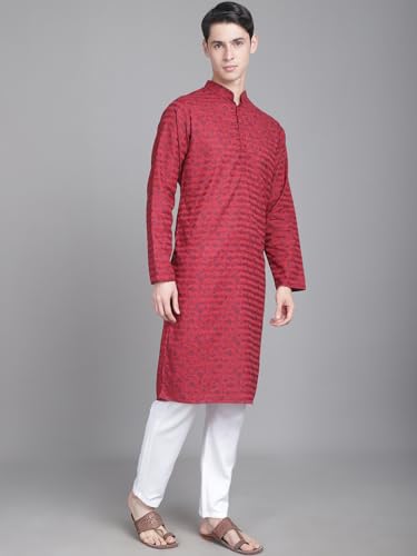 Image of Majestic Man Men's Cotton Regular Fit Casual Mandarin Collar Ethnic Motifs Printed Long Regular Kurta
