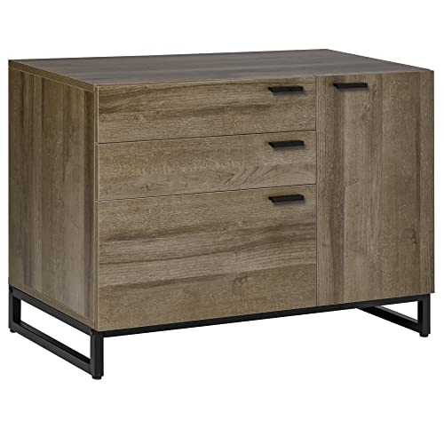 HOMCOM Buffet Design Industriel - Meuble de Rangement 3 tiroirs, Placard - piètement Acier Noir Panneaux Particules Aspect Bois avec veinage