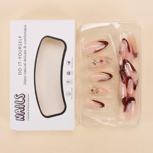 Image of Red French Tip Press on Nails Gold Edge Fake Nails Medium Almond False Nails with Rhinestone Design Flower Glue on Nails Artificial Acrylic Nail Full Cover Nude Stick on Nails for Women Manicure 24Pcs