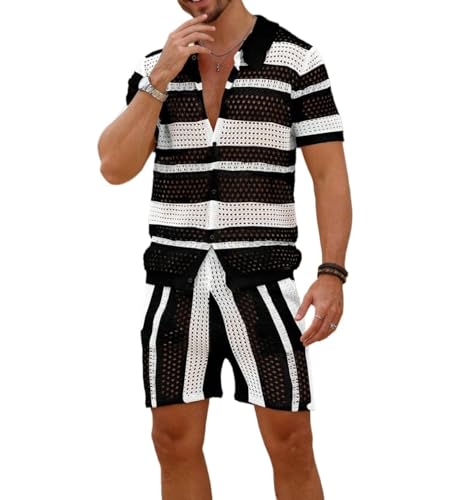 Men's Hollow Out Striped Design Crochet Knitted Two-Piece Set Summer Fashion Knitwear for Men