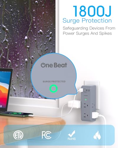 Image of Surge Protector Outlet Extender - with Rotating Plug, 6 AC Multi Plug Outlet with 4 USB Ports (2 USB C), 1800 Joules, 3-Sided Swivel Power Strip with Spaced Outlet Splitter for Dorm, Office, Grey