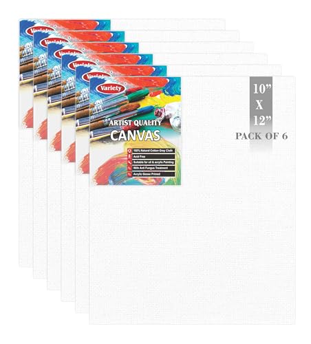 VARIETY CANVAS Tablero de lona de algodón de 10 x 12 pulgadas para pintar, imprimado de 7 onzas, paquete de 6 unidades, color blanco