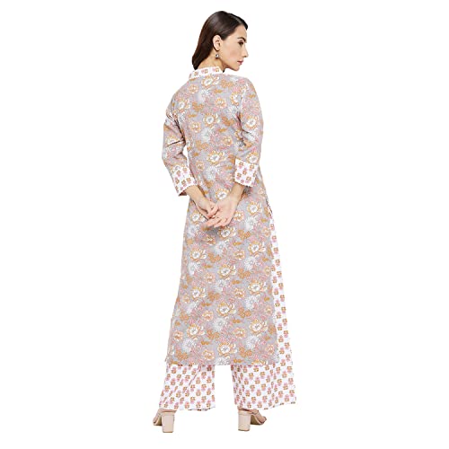 Image of Tissu Women's Cotton Sea Green & Pink Floral Printed Kurta with Palazzo