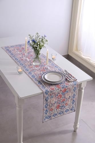 Image of Ravaiyaa - Attitude is everything Cotton Hand Block Printed Table Runner Bed Runner Table Decor (Red & Blue Floral)
