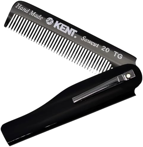 Kent 20T Black Graphite Handmade Folding Pocket Comb for Men, Fine Tooth Hair Comb Straightener for Everyday Grooming Styling Hair, Beard or Mustache, Use Dry or with Balms, Saw Cut, Made in England