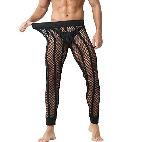 YUFEIDA Men's Fishnet Pants Drawstring Bottoms Low Rise Mesh Leggings Muscle Fit Long Pants See Through Thermal Bottoms