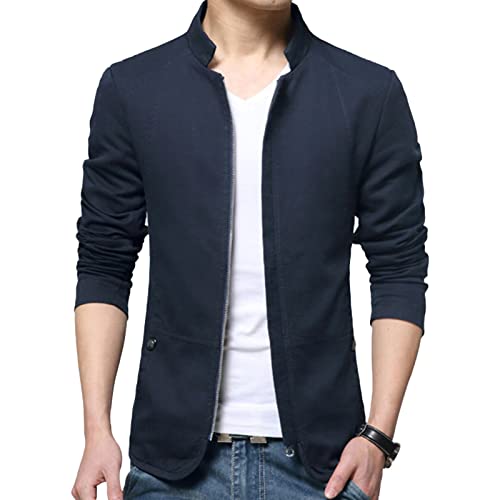 Maiyifu-GJ Men's Casual Zipper Stand Collar Jacket Lightweight Cotton Full Zip Coat Slim Fit Vintage Business Jackets (Dark Blue,Medium)