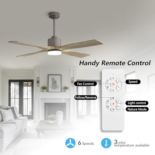 Modern 54 Inch DC Ceiling Fan with Lights, Remote Control, and Solid Wood Blades