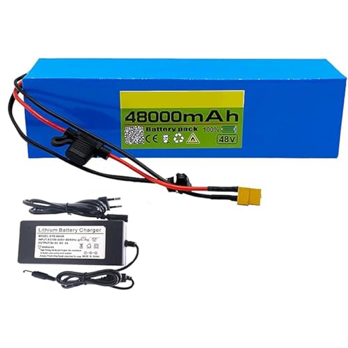 Batería de Iones de Litio para Bicicleta eléctrica 48V 48Ah Impermeable PVC 13S3P Batería con Cargador protección BMS incorporada para Motor de Bicicleta eléctrica XT60