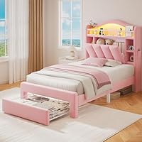 Twin LED Bed Frame with Storage Headboard & 2 Storage Drawers, Princess Velvet Upholstered Bed with Vertical Tufted Headboard Design for Girls, USB & Type-C Charging Ports, Wooden Slats Support, Pink