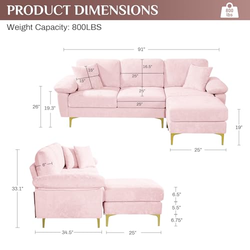 Image of OUYESSIR L Shaped Sectional Sofa Couch, 3 Seat Velvet Sofa with Ottoman and Pillows, Upholstered Comfy Couch Sleeper for Living Room, Bedroom, 91 inches (Pink)