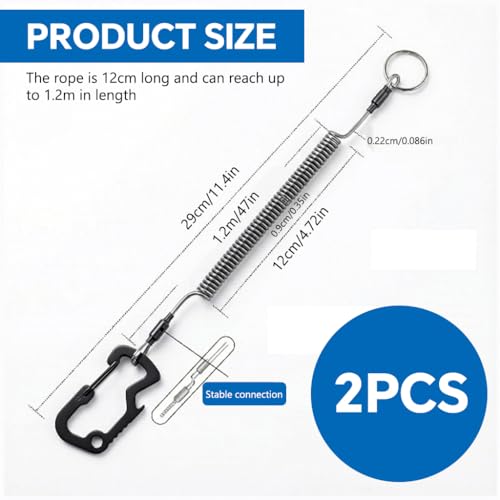 Image of Proberos 2Pcs Fishing Lanyard Safety Rope, 1.2m Extendable Heavy Duty Retractable Coiled Lanyard Stainless Steel Security Tether with Locking Carabiner, for Keys, Fishing Gear, Camping & Outdoor Use