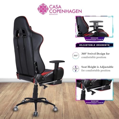 Image of Casa Copenhagen Designed in Denmark, High-Back Italian Leather Gaming Ergonomic Chair with Footrest, Luxurious Memory Foam Seating & Multi Function Arm - Ruby Red & Black
