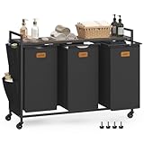 VASAGLE Wäschekorb, Wäschesammler, Wäschesortierer, Rollen, Wäschewagen mit Ablage, kleine seitliche Taschen, 6 Etiketten, 3 Fächer, 150 L, tintenschwarz-aschbraun BLH223BH01