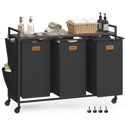 VASAGLE Wäschekorb, Wäschesammler, Wäschesortierer, Rollen, Wäschewagen mit Ablage, kleine seitliche