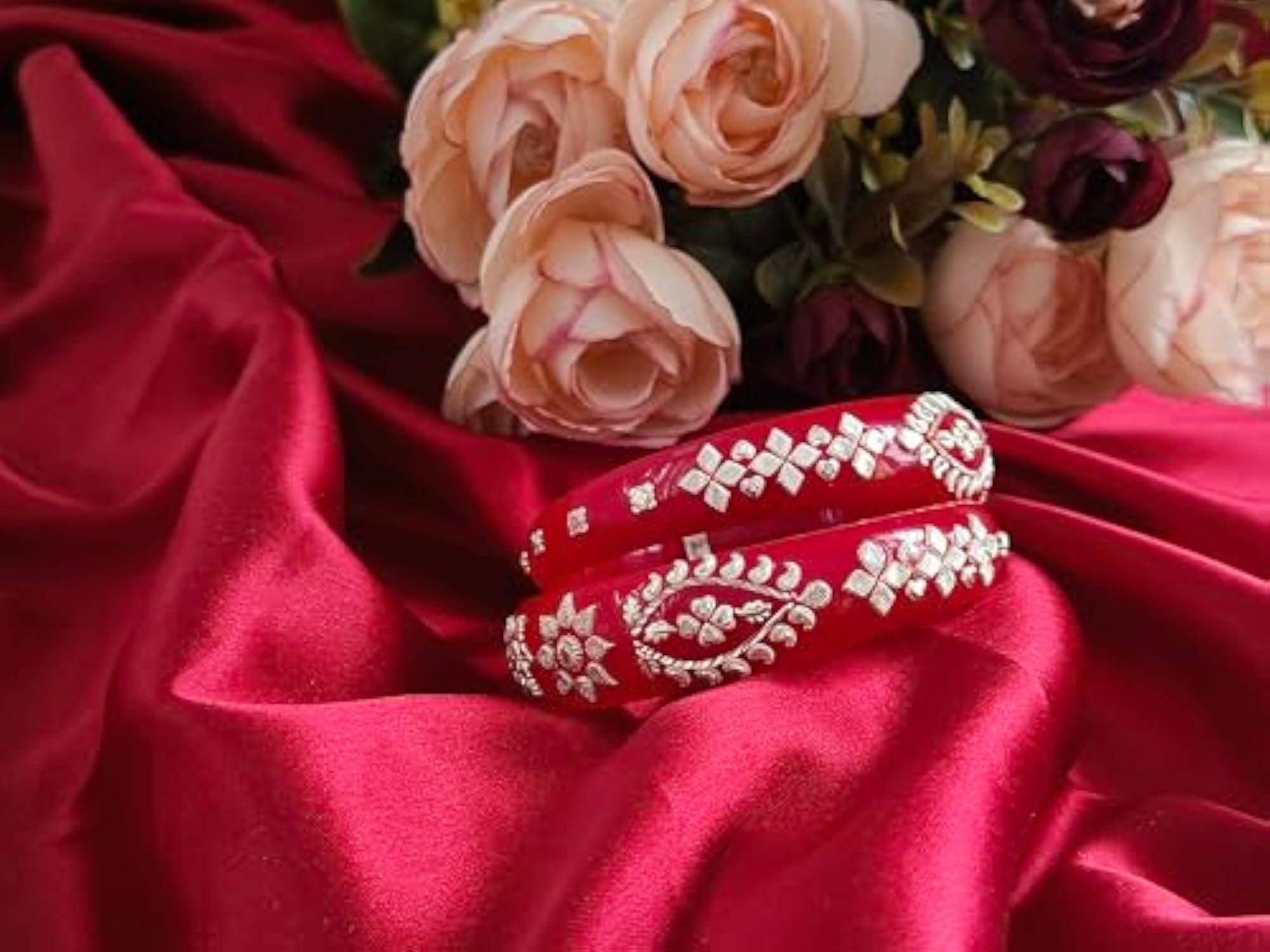 Silver Dark Red Mohini Pola Bangle Set, Pack of 2