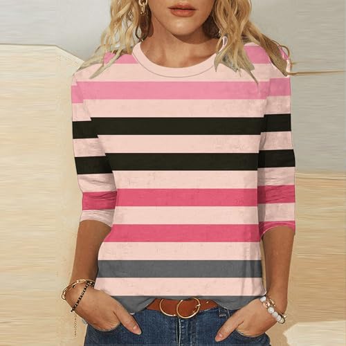 3/4 Length Sleeve Womens Tops Striped Casual Crew Neck T Shirts Loose Fit Color Block Business Dressy Blouses Summer Clothes2