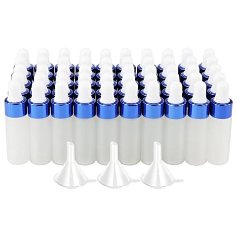 Kesell 50 Pack Dropper Bottles 5ml Frosted Glass Sample Bottles Refillable Essential Oil Dropper Bottle Perfume Cosmetic Liquid Sample Bottle with 3 Funnels, Blue Cap Cover