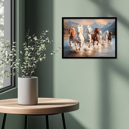 Image of HOTHOUSE Seven Running Vastu Lucky Horse and Rising Sun Painting | 7 Horses Vastu Frame Wall Art Painting for Living Room Bedroom Office Home Decor Wall Decor Size (13X17 inch)