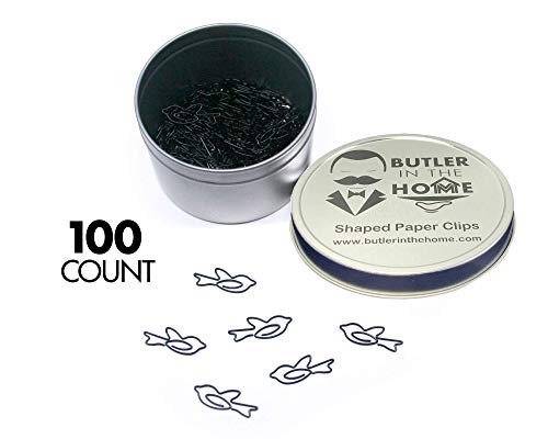 Butler in the Home Bird Shaped Paper Clips Great for Paper Clip Collectors or Office Gift - Comes in Round Tin with Lid and Gift Box (Black 100 Count)