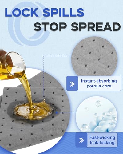 Image of 9.8 inchx13 inch Oil Absorbent Pads 100 Pack | Heavy & Fast Absorb | Reusable & Trimmable Lightweight Pads that Absorb Oil, Water, Coolant & Solvents for Workshops, Garages & Kitchen Drains