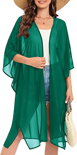 Image of Indian Trendy Women's Solid Puff Sleeve Kimono Long Cardigan Loose Cover Up Casual Blouse Top Chiffon