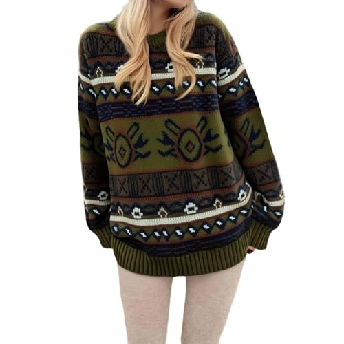 Image of Women Vintage Striped Pullover Sweater Y2k Long Sleeve Crew Neck Loose Knit Sweaters Fall Winter Knitwear