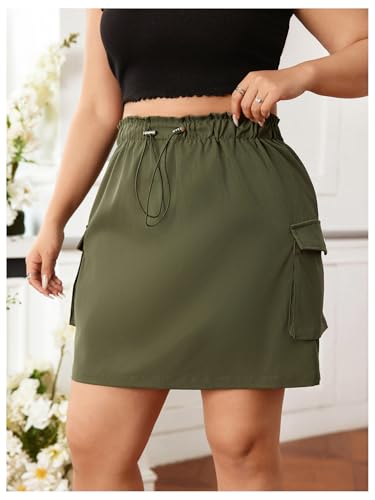 OYOANGLE Women's Plus Size Drawstring Elastic Waist Cargo Skirt Flap Pocket Skirts Streetwear4