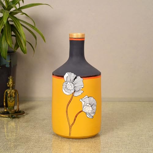 Image of Aakriti Art Creations Terracotta Cone Vase | Handmade Sunset Flower Floral Art Decorative Vase | Yellow Matte Finish Ethnic Home Decorative Item for Living Room & Gifting