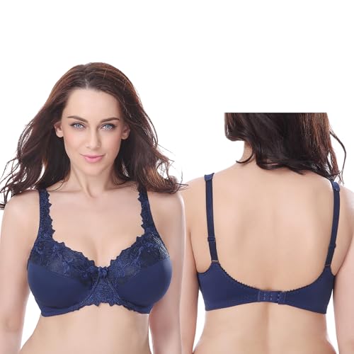 Image of Curve Muse Plus Size Minimizer Underwire Unlined Bra with Embroidery Lace-3Pack-Navy,White,Gray-40DDDD