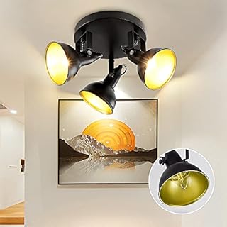 Ceiling Light Round Base, Retro 3 Way Ceiling Spotlights Rotatable Lamp Head, Black Golden Kitchen SpotLights Swiveling Ceiling Lighting for Living Room Bedroom Hallway Basement(E14 Bulbs not Incl.)