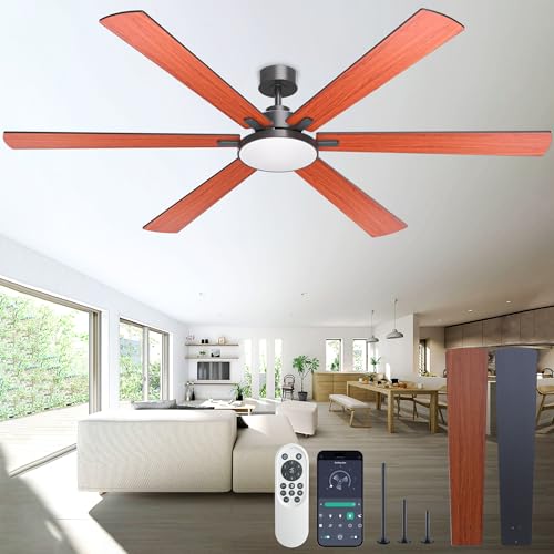 80 Inch Ceiling Fans with Lights and Remote Control, Indoor/Outdoor Flush Mount Low Profile, Commercial Reversible Dimmable Ceiling Fans for Living Room Patio Industrial Shop, Wood Grain